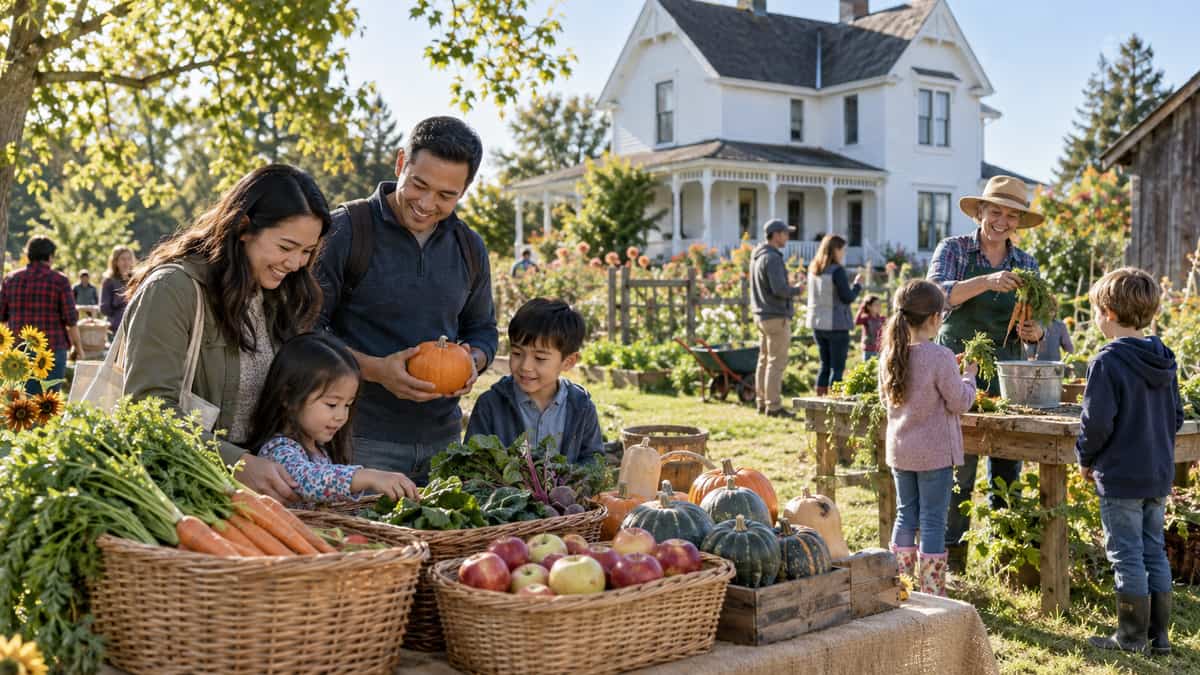 Illustration of families enjoying a September harvest celebration at a historic Steveston farm, Richmond BC