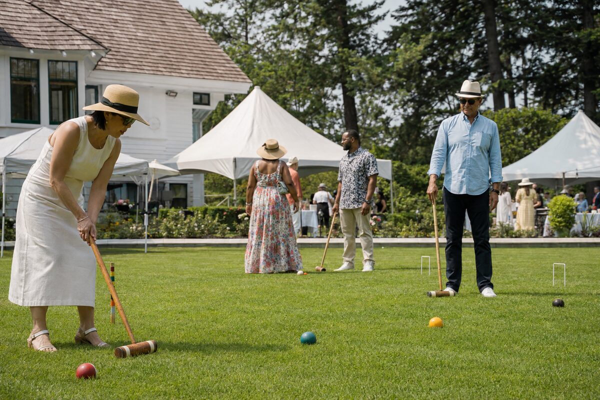 Adults playing croquet on a green lawn at a heritage garden fundraiser in summer