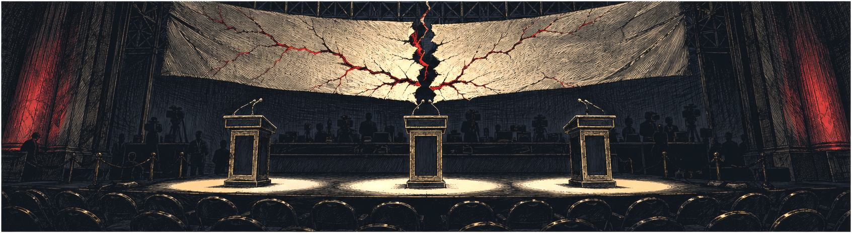 Three empty lecterns under a cracked party banner in a Detroit convention hall.