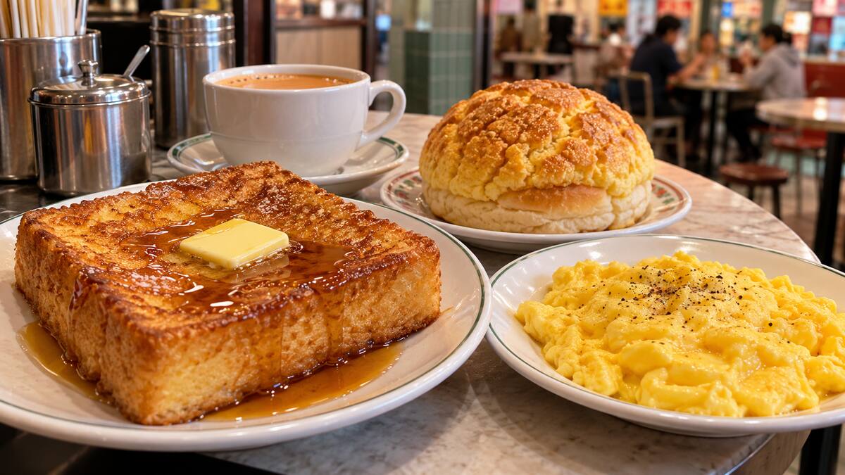 Hong Kong style French toast pineapple bun and milk tea at a Richmond cafe