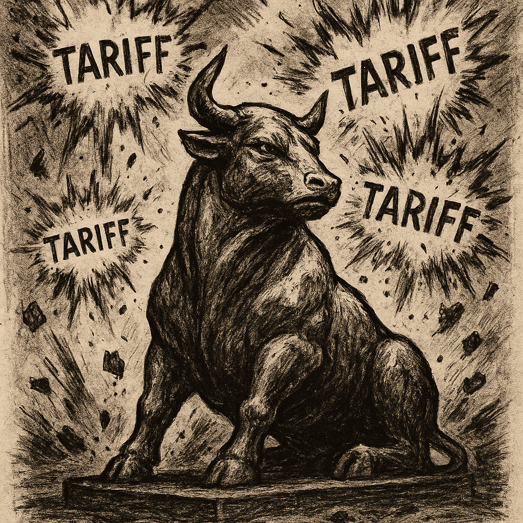 a stoic bull statue ignoring exploding tariffs around it, symbolizing market resilience amid political noise