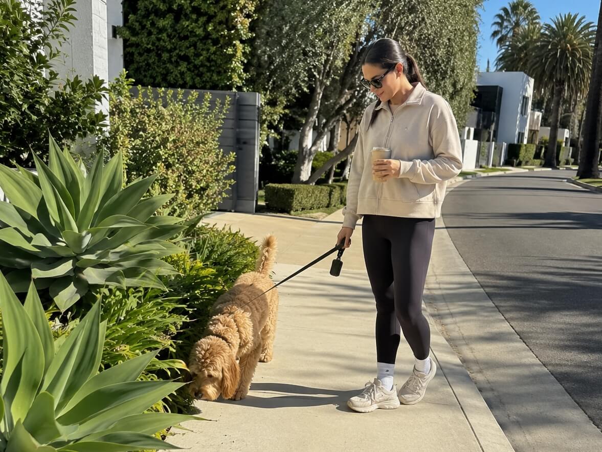 Morning dog walk before work during a fall routine
