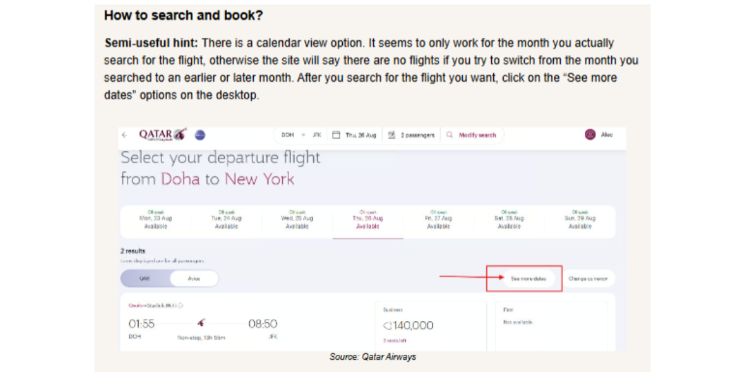 How to search and book, with an annotated screenshot of Qatar's calendar view.