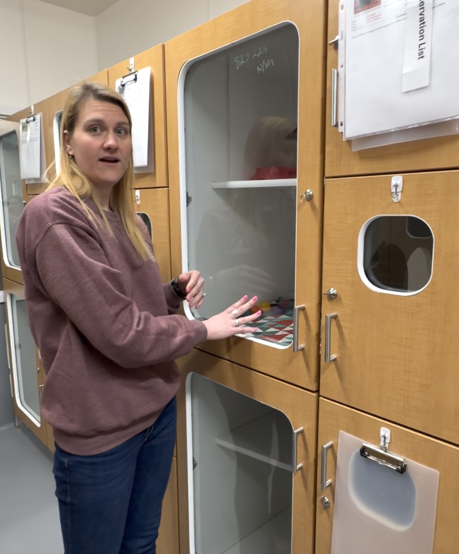 Liz Allgeyer-Huber standing in front of the cat kennels
