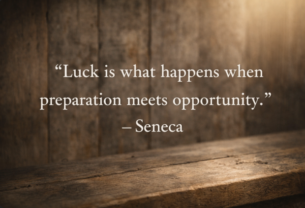 Quote image with text: Luck is what happens when preparation meets opportunity. Seneca