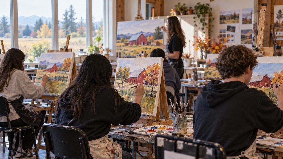 Photorealistic editorial illustration of a youth red-barn painting workshop in Delta BC