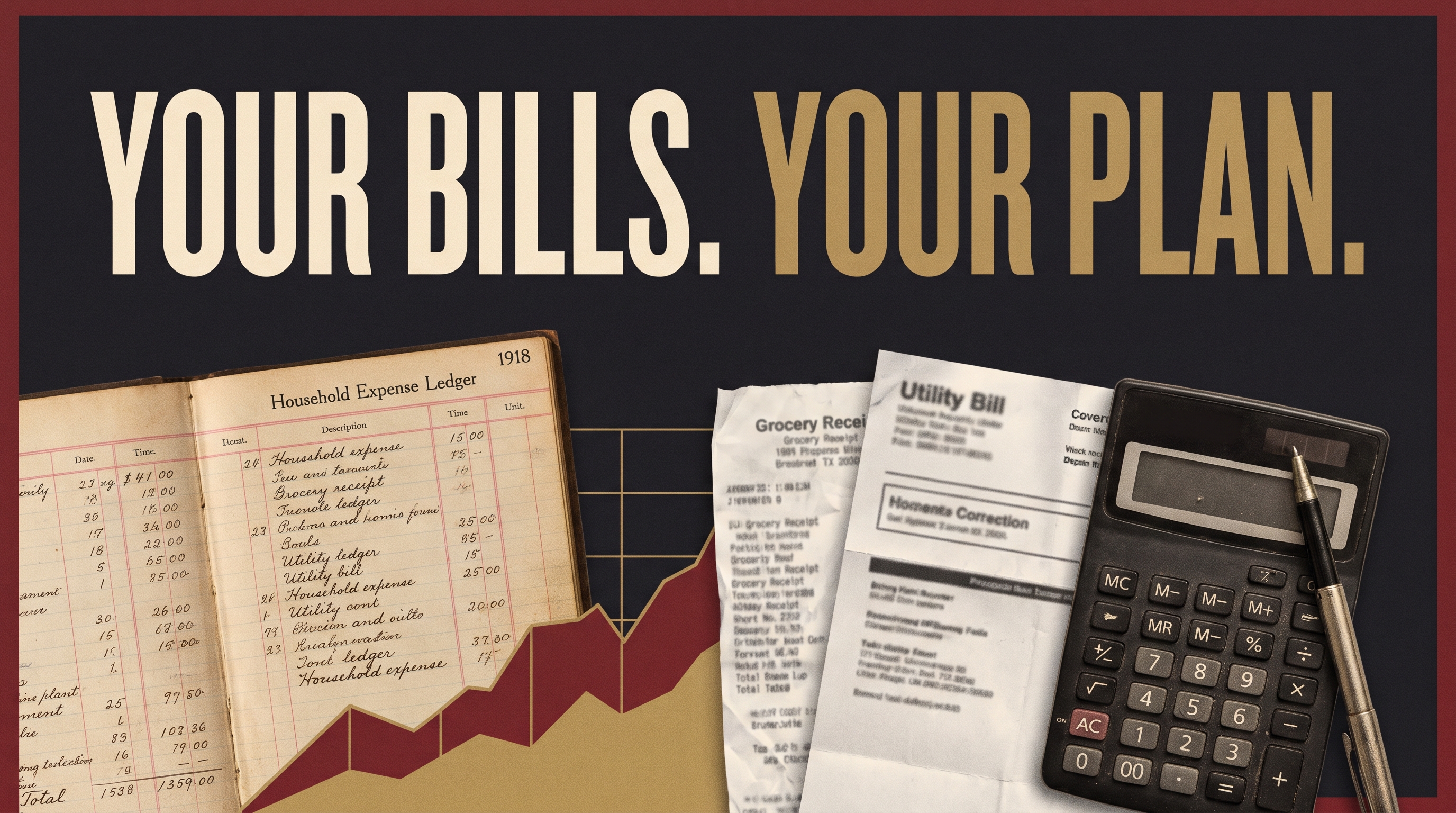 Illustrative documentary collage: Faded 1918 household expense ledger, present-day grocery receipt and utility bill with no legible private data, simple calculator and pen, restrained economic chart.