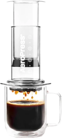 AeroPress Clear coffee maker on a glass mug