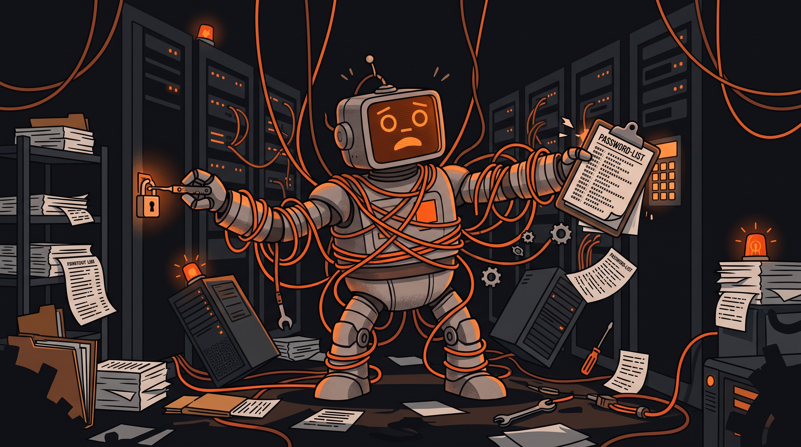 Strange Cyber illustration: AI agent in a server room tangled in its own cables