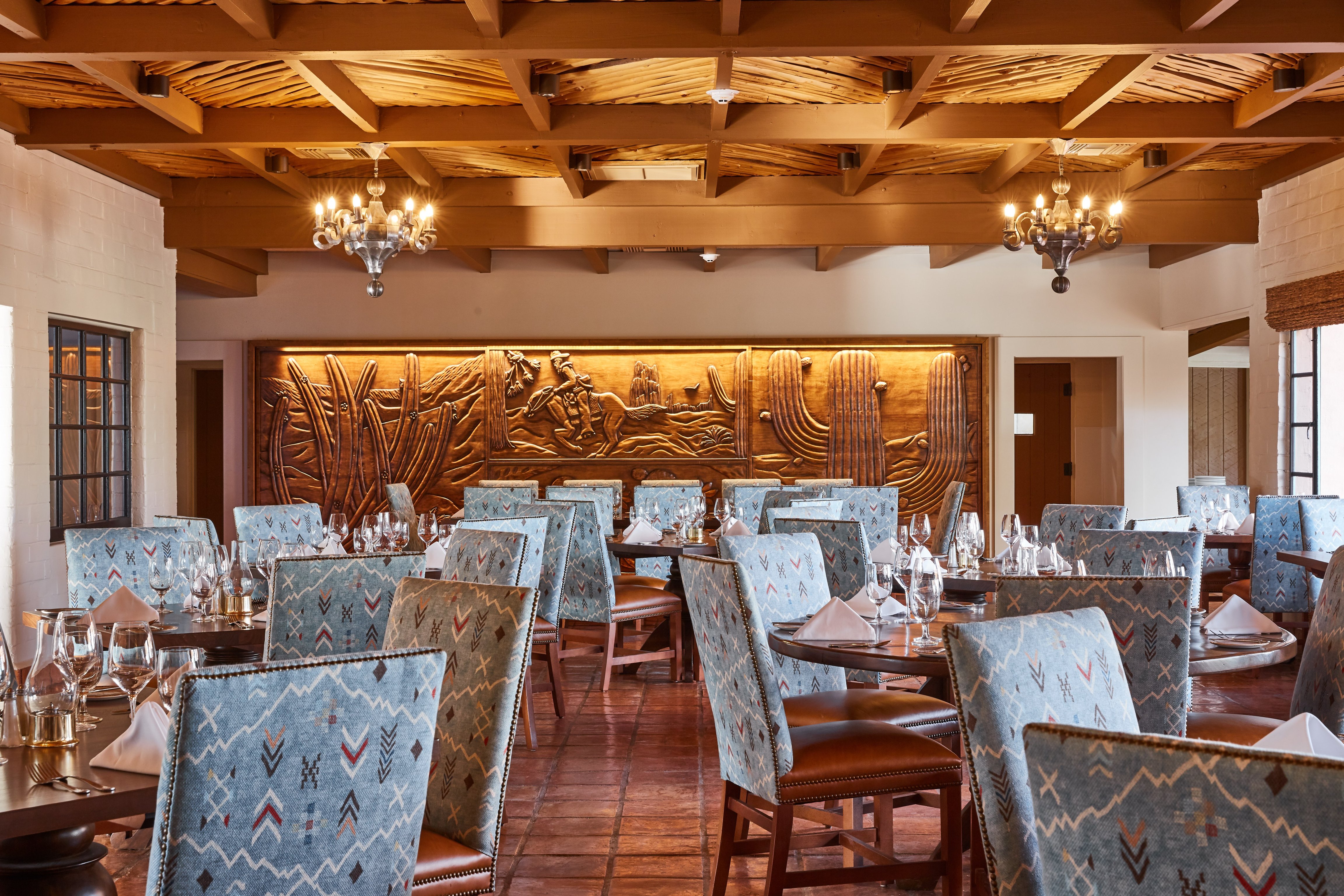 Wood-beamed dining room at Rancho de los Caballeros