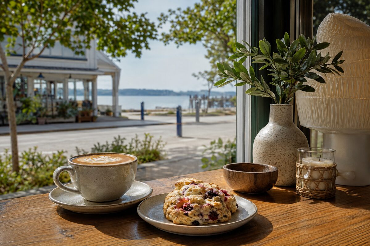 Latte and berry scone on a sunlit cafe table with a coastal street beyond