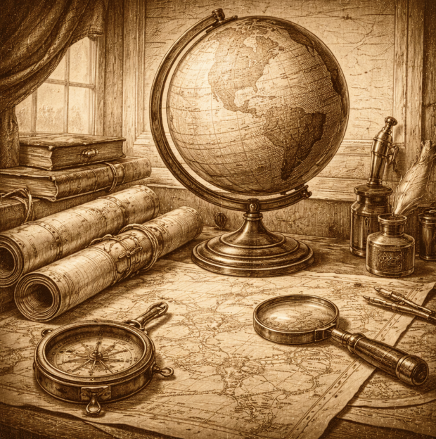 A vintage globe and brass compass on a desk with rolled maps (no text visible)