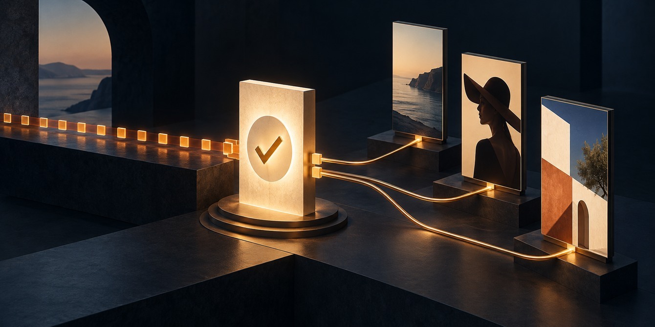 Conceptual illustration of advertising screens connected through an approval checkpoint and a recorded decision path.