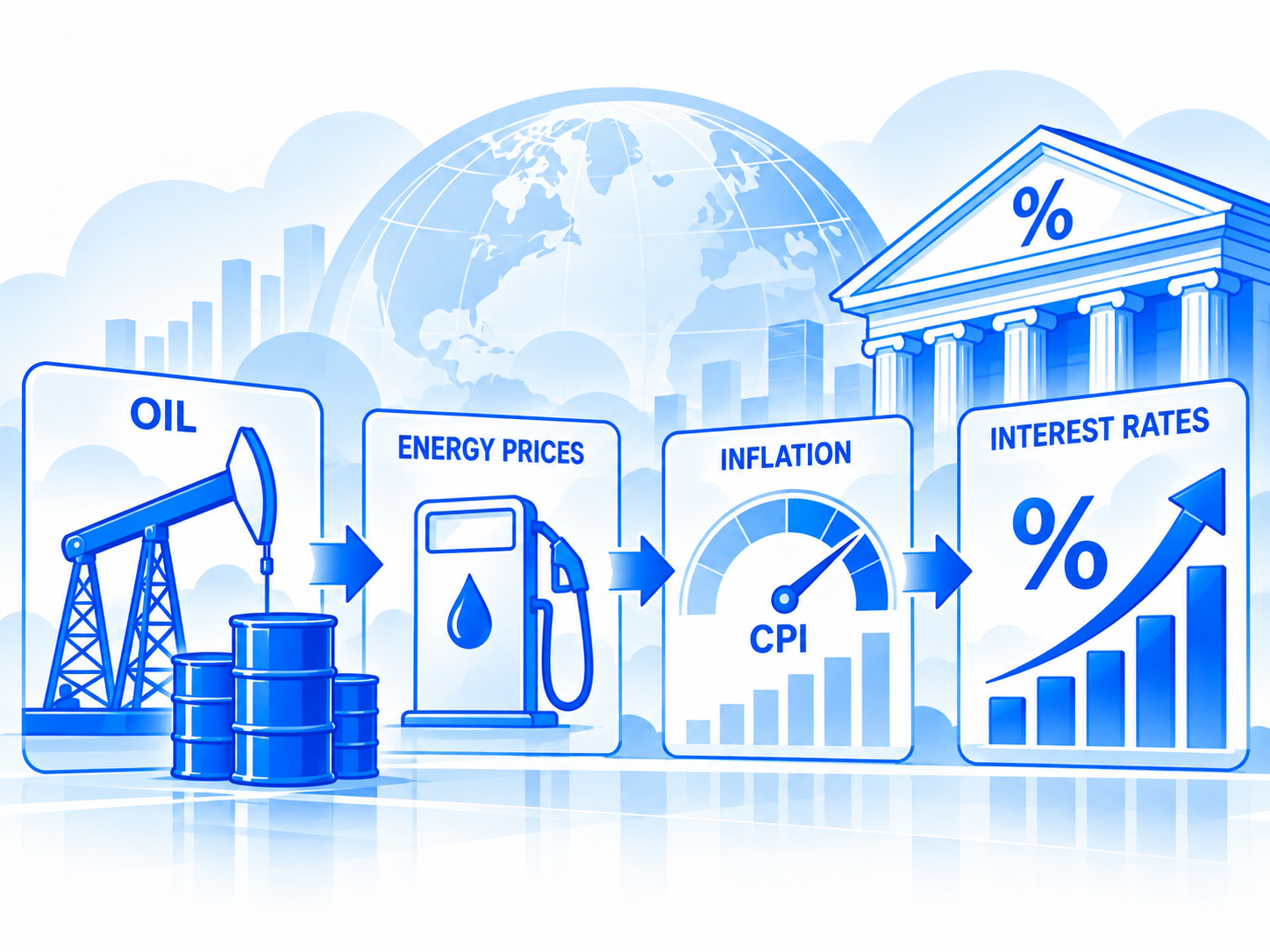 Conceptual links between oil, fuel costs, inflation and interest rates.