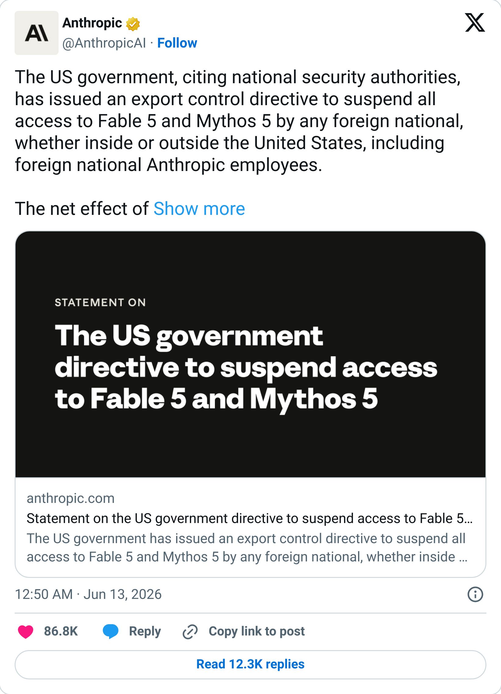 Anthropic tweet announcing suspended access to Fable 5 and Mythos 5