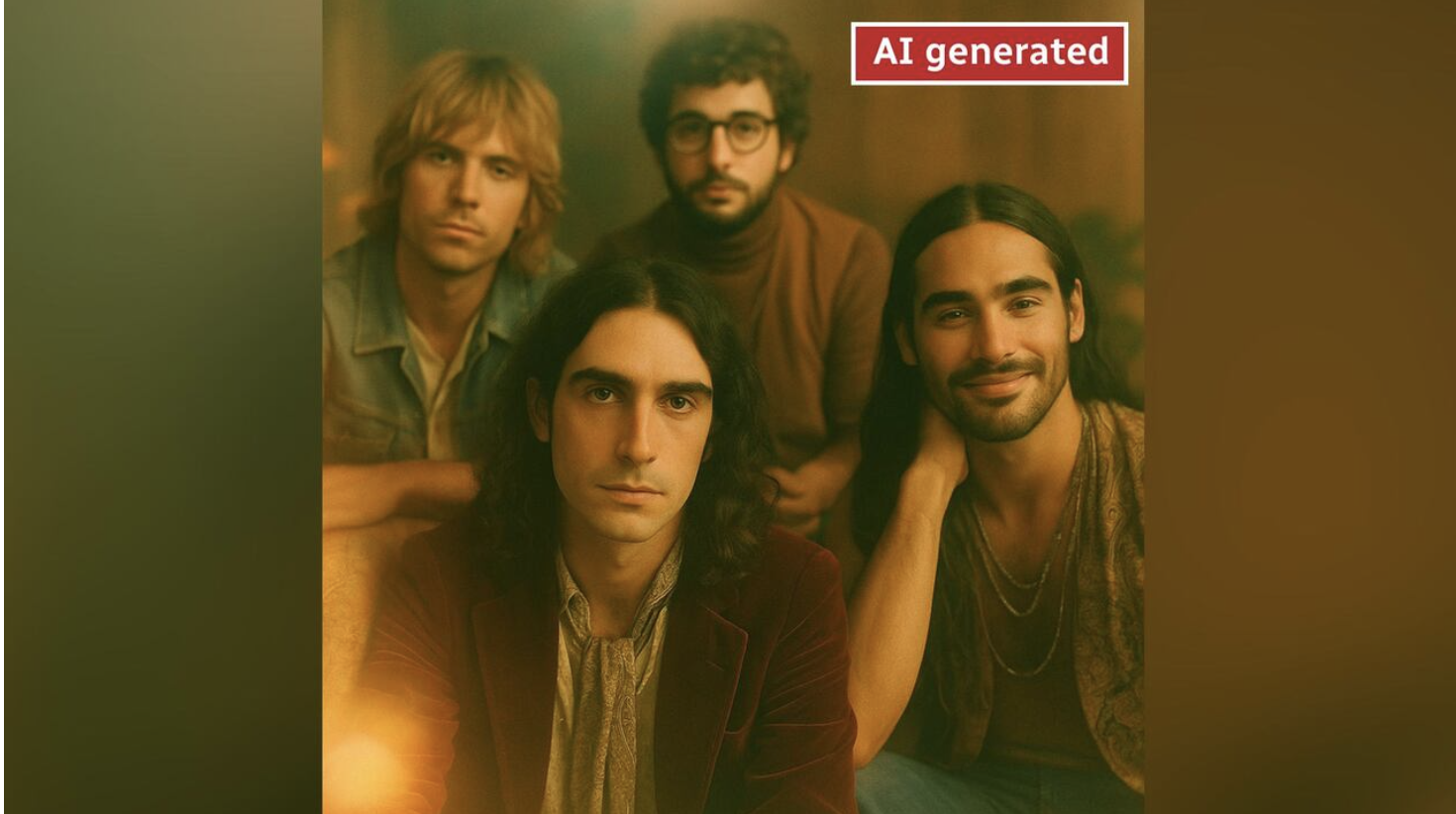Promotional photo of four men posing as a retro rock band, generated with AI, from an act that reached about a million monthly listeners on Spotify