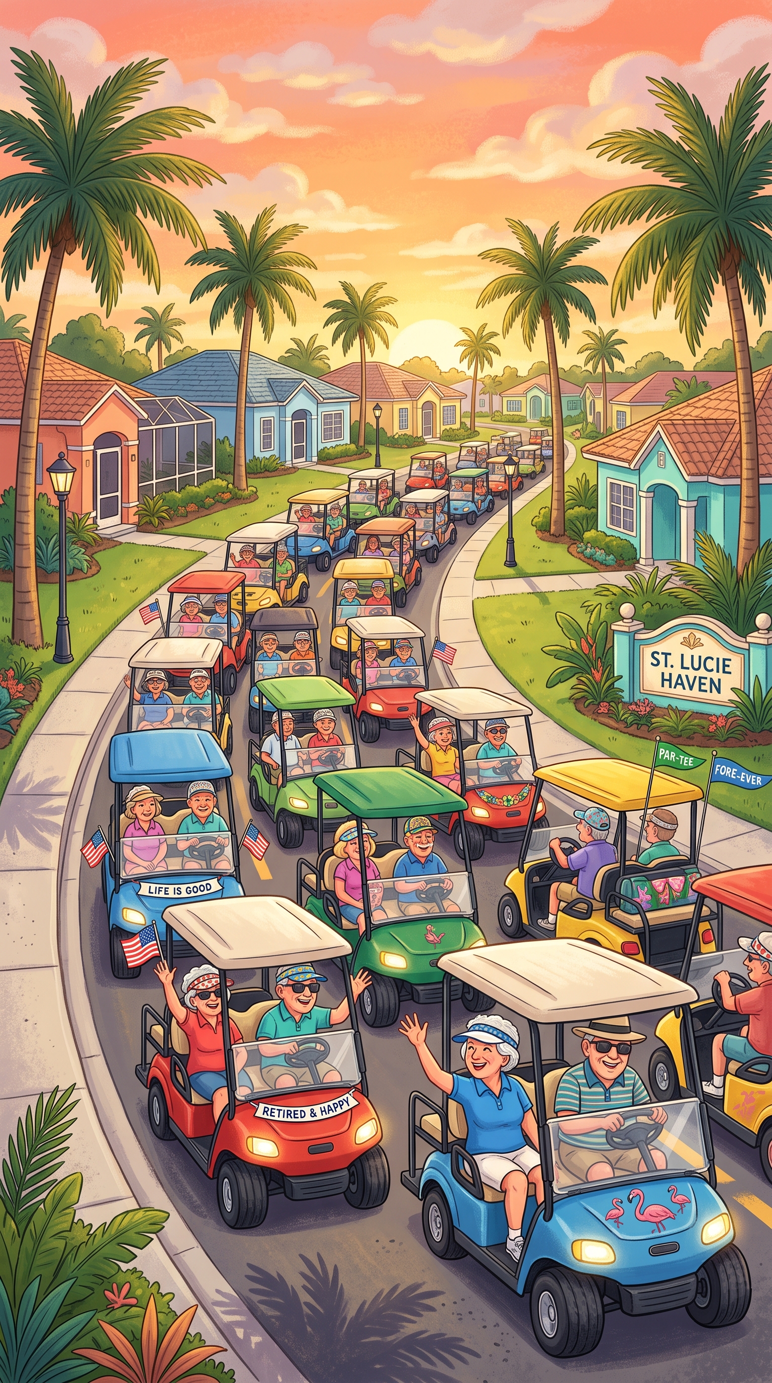Illustration of a Port St. Lucie golf cart rush hour, dozens of golf carts bumper-to-bumper on a palm-lined street at sunset