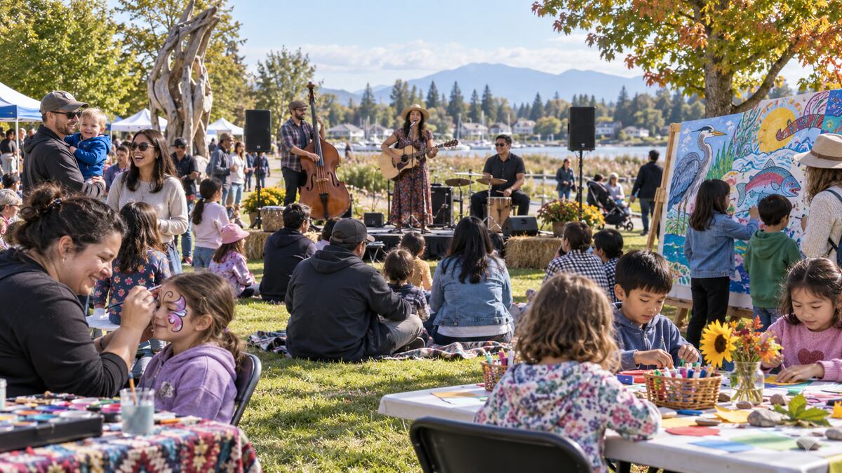 Families enjoying music and art activities at an outdoor culture celebration in Ladner