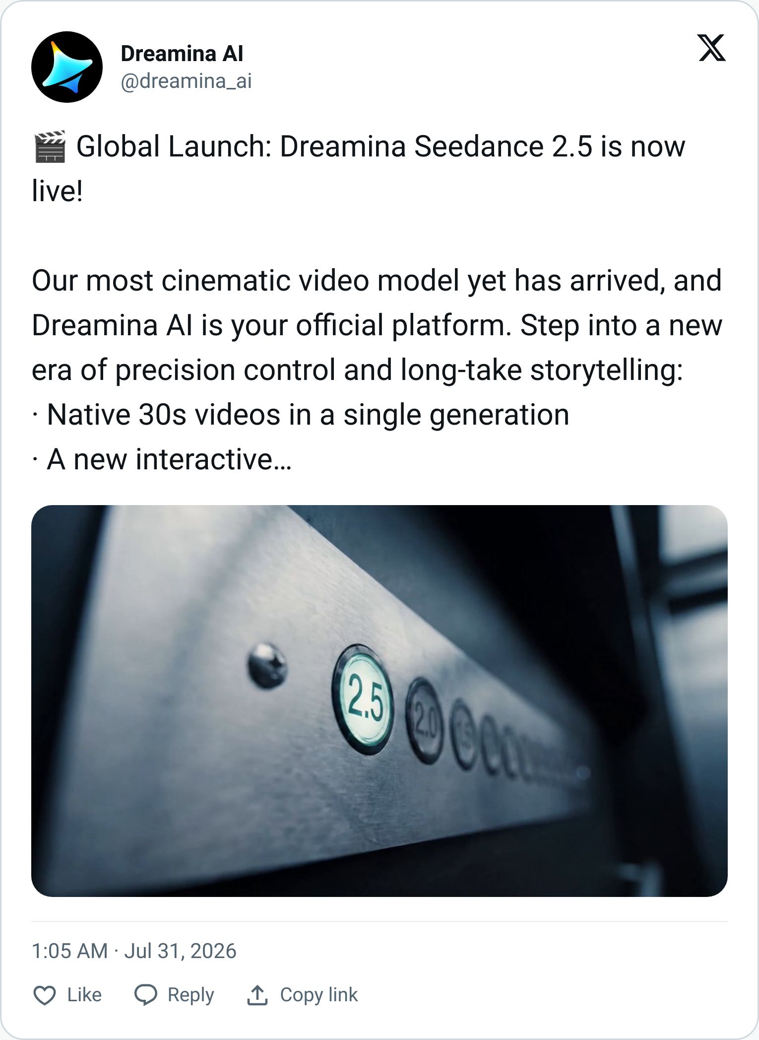 Dreamina AI tweet announcing Seedance 2.5