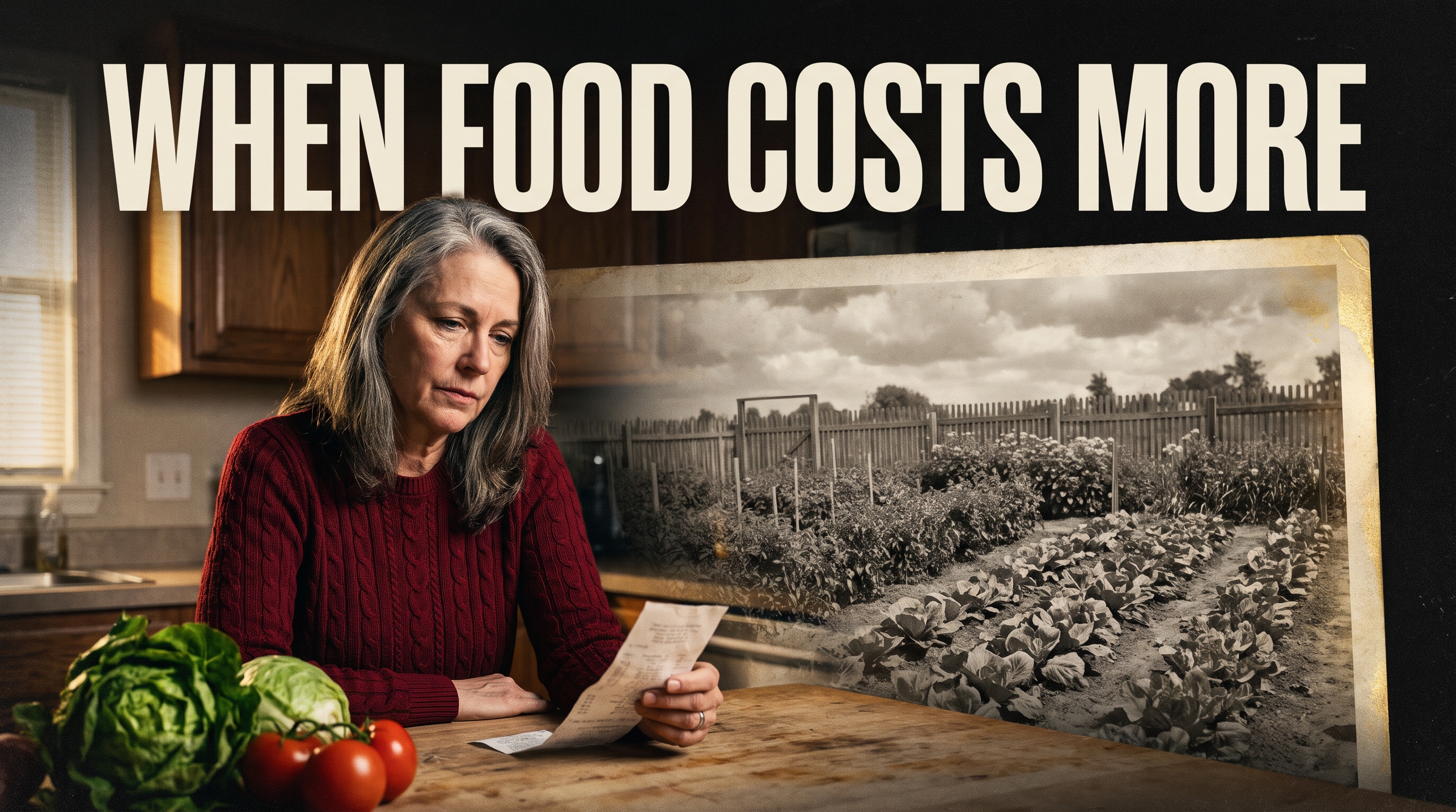 Illustrative photographic documentary poster connecting present food prices with a historical home-food response.
