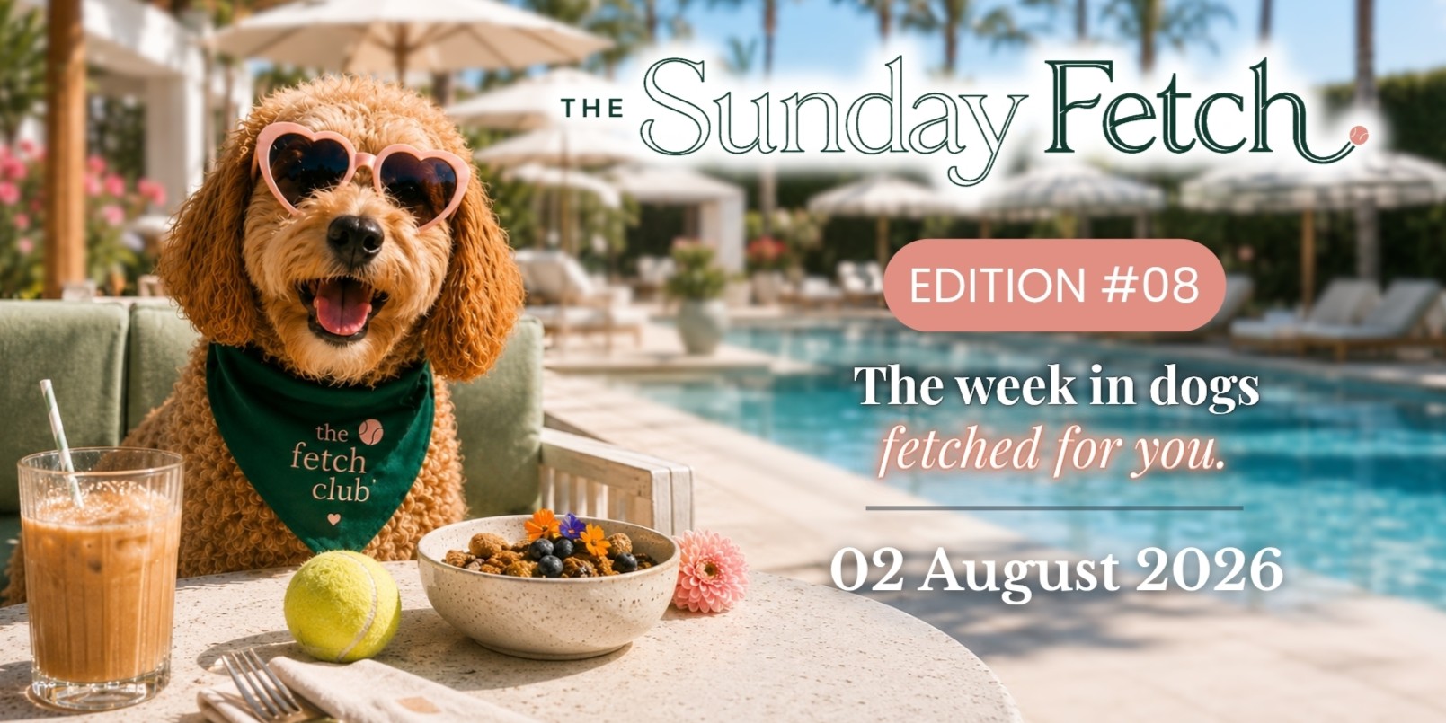 A cheerful dog wearing heart-shaped sunglasses at a sunny resort for The Sunday Fetch