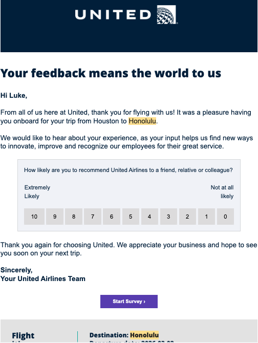 United post-trip survey email