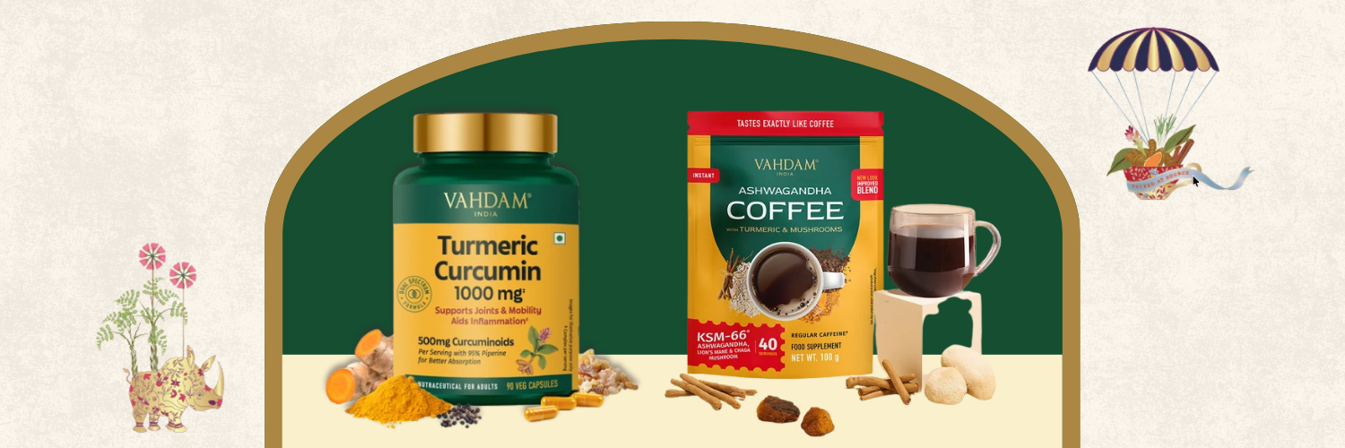 Vahdam Ashwagandha Coffee and Turmeric Curcumin Capsules