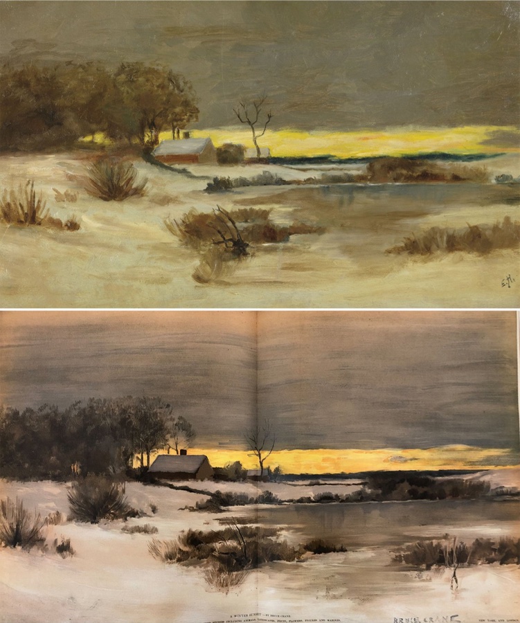 Painting of a snowy landscape with a small house and bare tree near a frozen pond under a gray sky with a yellow streak of sunset