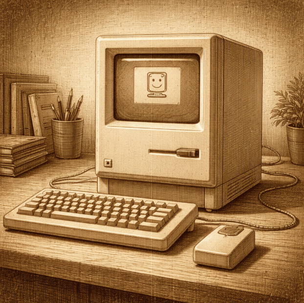 A vintage desktop computer with a small CRT monitor and minimalist industrial design, no text