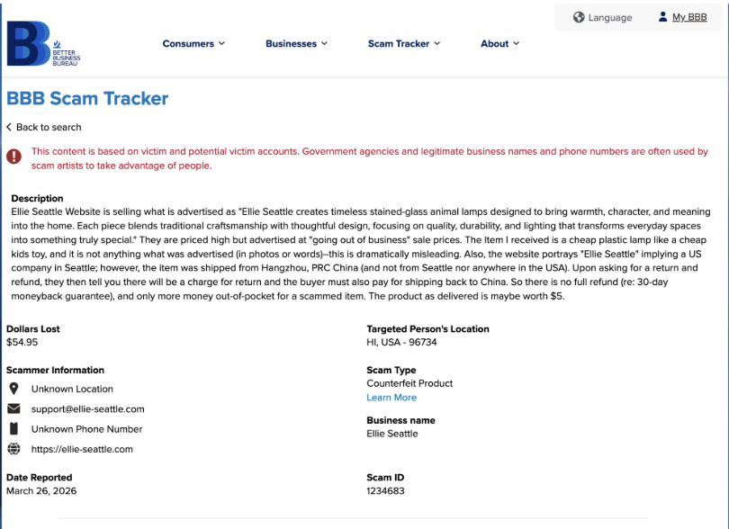 A screenshot of a complaint filed with the Better Business Bureau about a fake online store that advertised stained-glass lamps at deep discounts, one of the examples the BBB cited