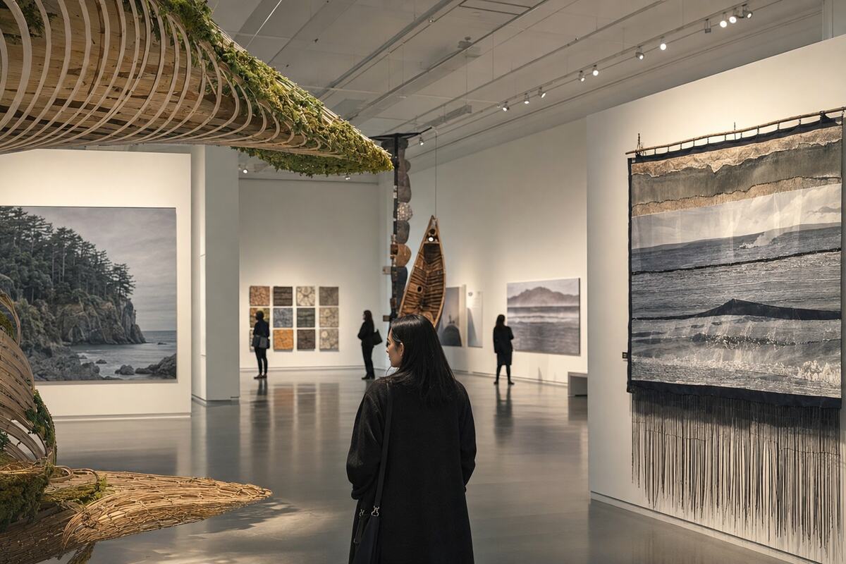 Visitors viewing contemporary Pacific migration artworks inside Richmond Art Gallery