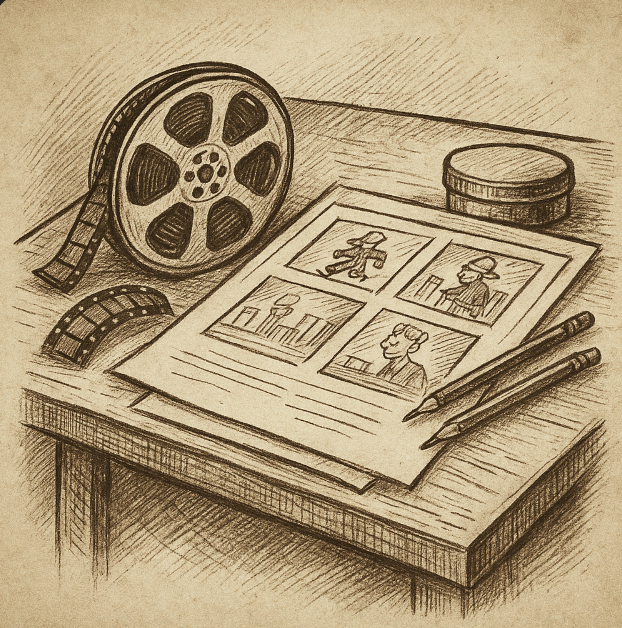 Sepia ink sketch of early 1920s Disney animation studio with desks, film reels, and light tables, cross-hatched style on aged paper