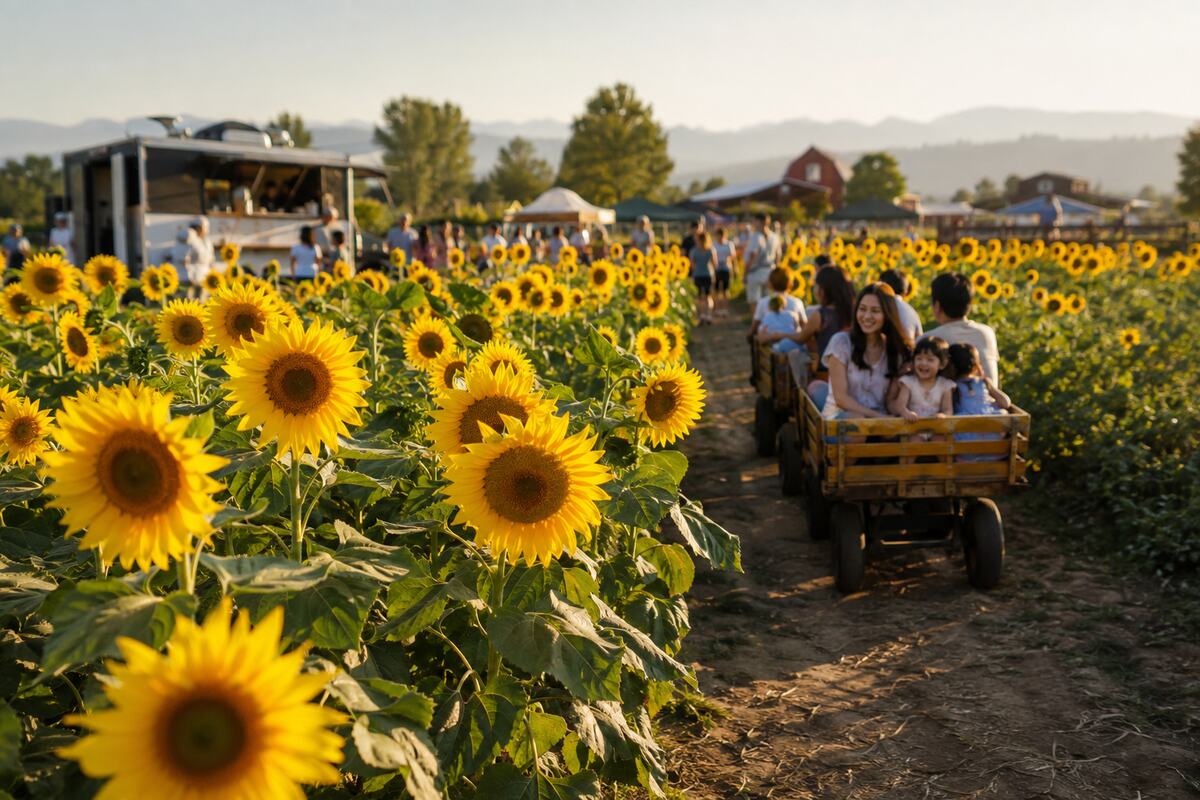Families riding a wagon through golden sunflowers at Richmond Country Farms