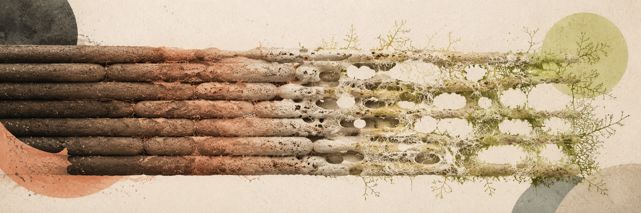 Printed mycelium lines transitioning from wet paste to colonised, branching growth