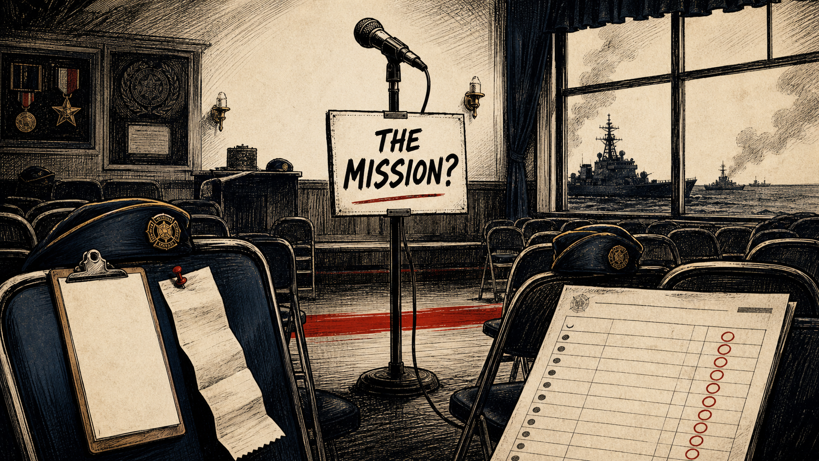An empty microphone in a veterans hall carries a sign reading THE MISSION? while warships appear through the window.