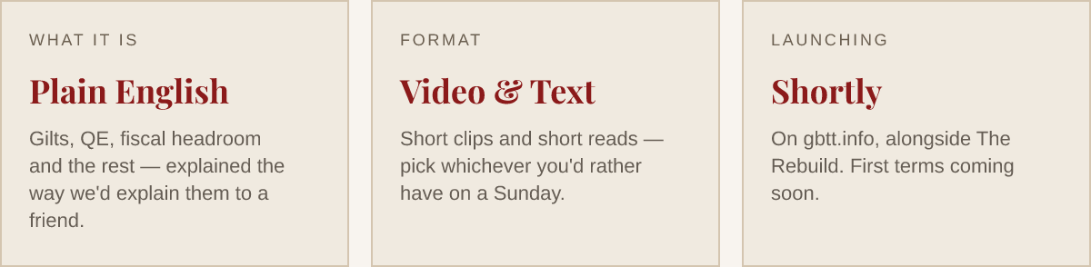 GBTT Explainers: plain English, video and text, launching shortly.