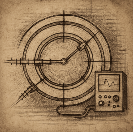 Sepia sketch of a particle accelerator schematic