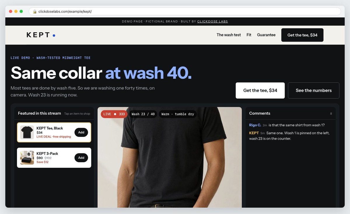 KEPT, the rebuilt landing page ClickDose published for a fictional tee brand