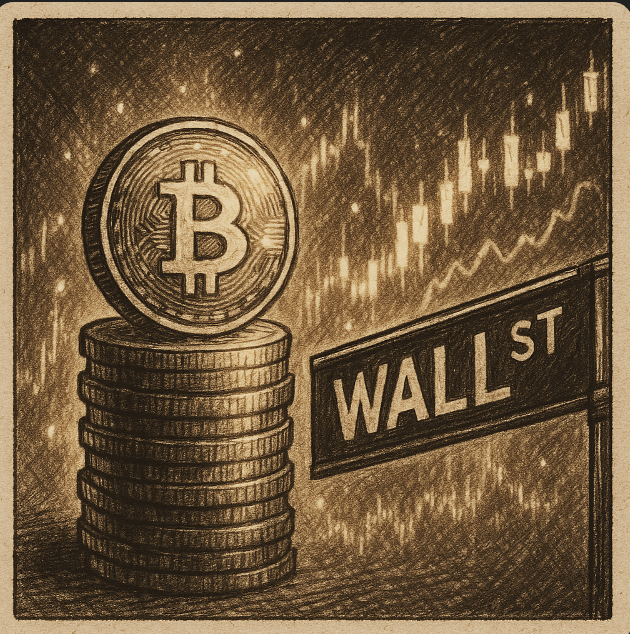 A digital coin of Bitcoin stacked high next to a Wall Street sign, with shimmering golden light and stock charts glowing in the background, dramatic yet analytical.