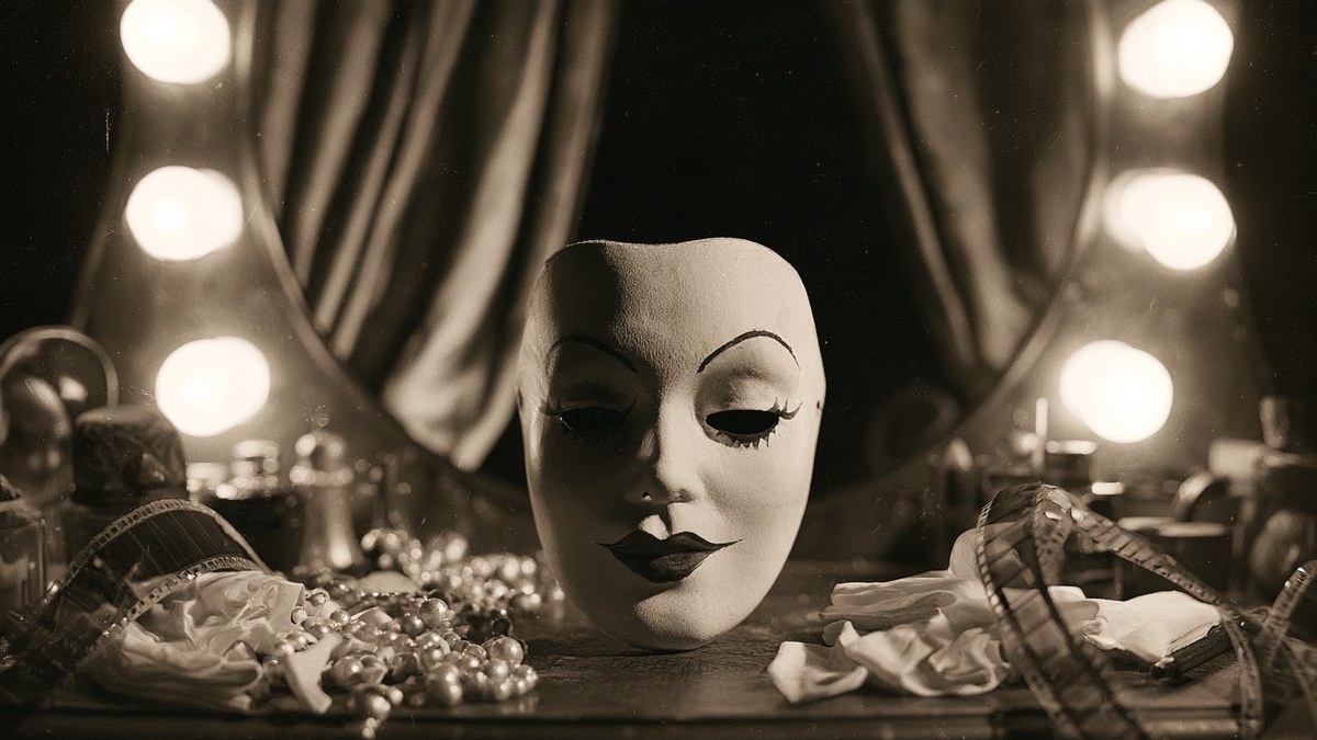 A theatrical mask on a dressing table in front of a lit mirror, in sepia