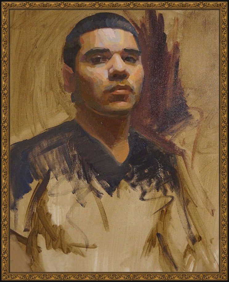 Painting of a young man with short dark hair and a serious look, wearing a dark V-neck top, with loose brown brushstrokes and bare canvas around him