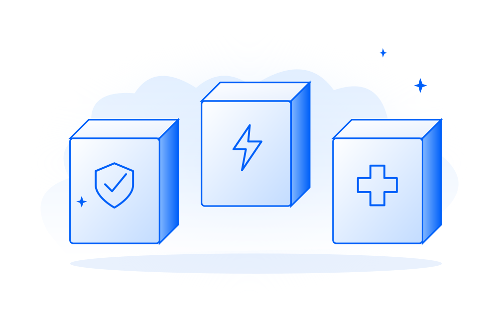 Defense, power and healthcare represented by three blue-shaded tiles.