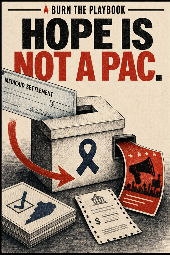 BTP poster showing a Medicaid settlement check routed through a charity box and emerging as a campaign flyer.