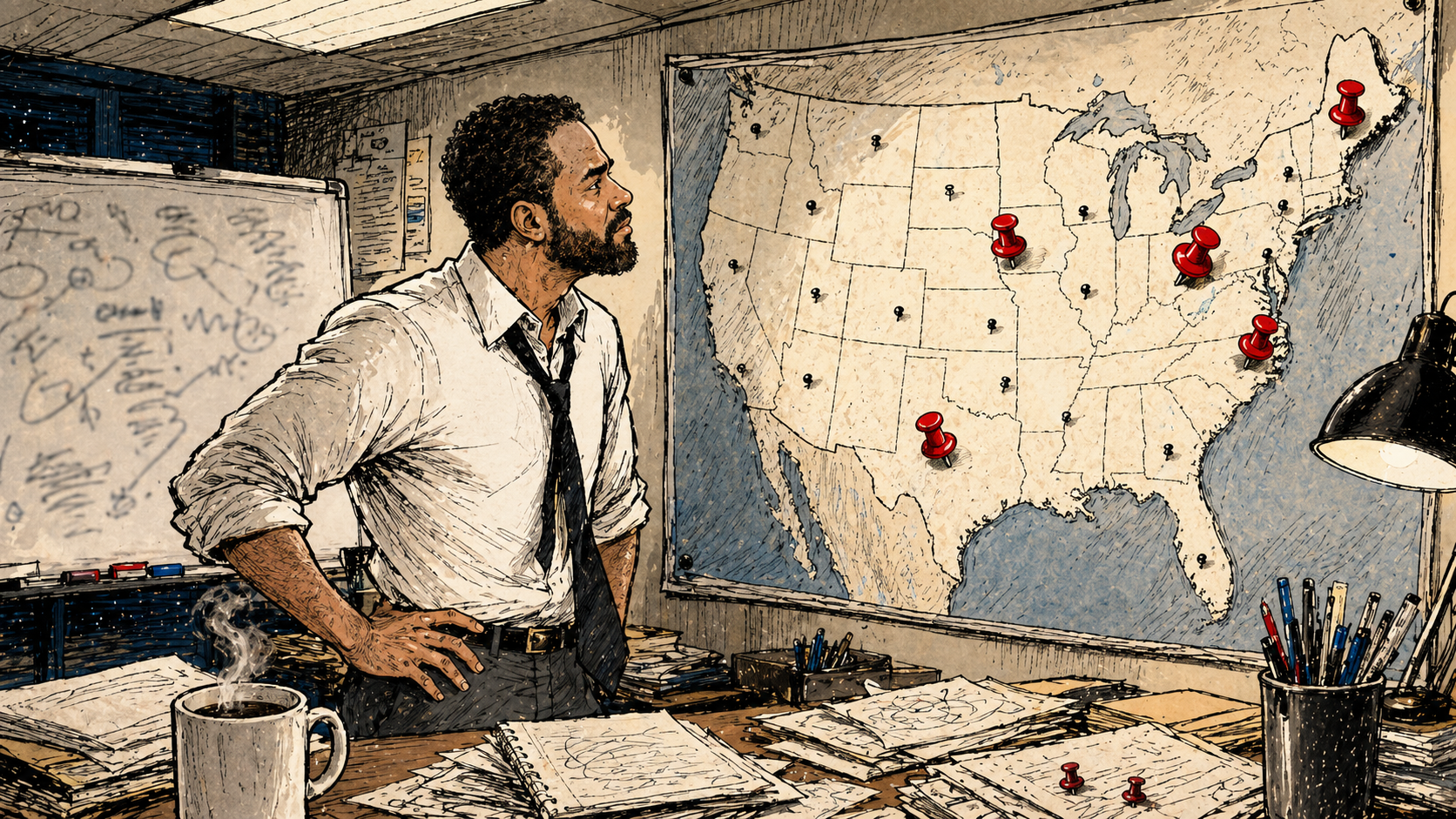 A late-night campaign war room with a wall map of red push-pins.
