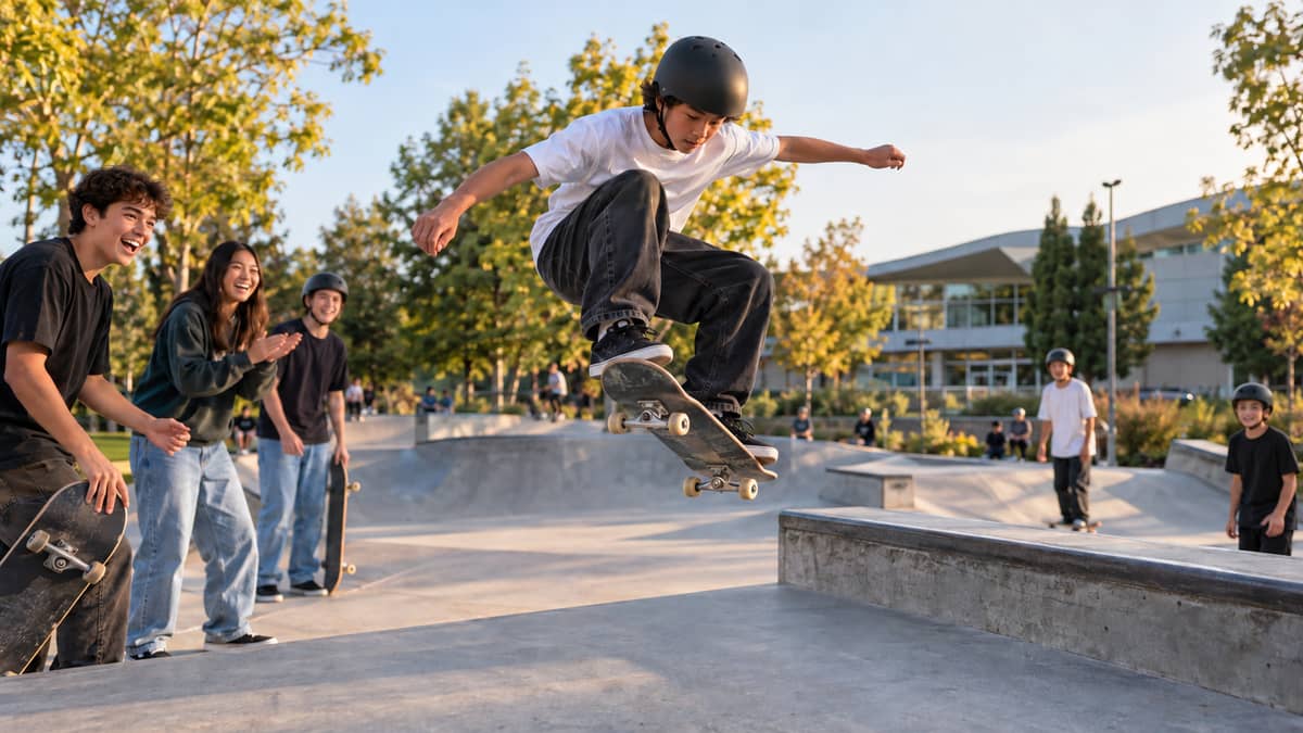 Illustration of a community skateboarding jam at an outdoor Richmond BC skate park