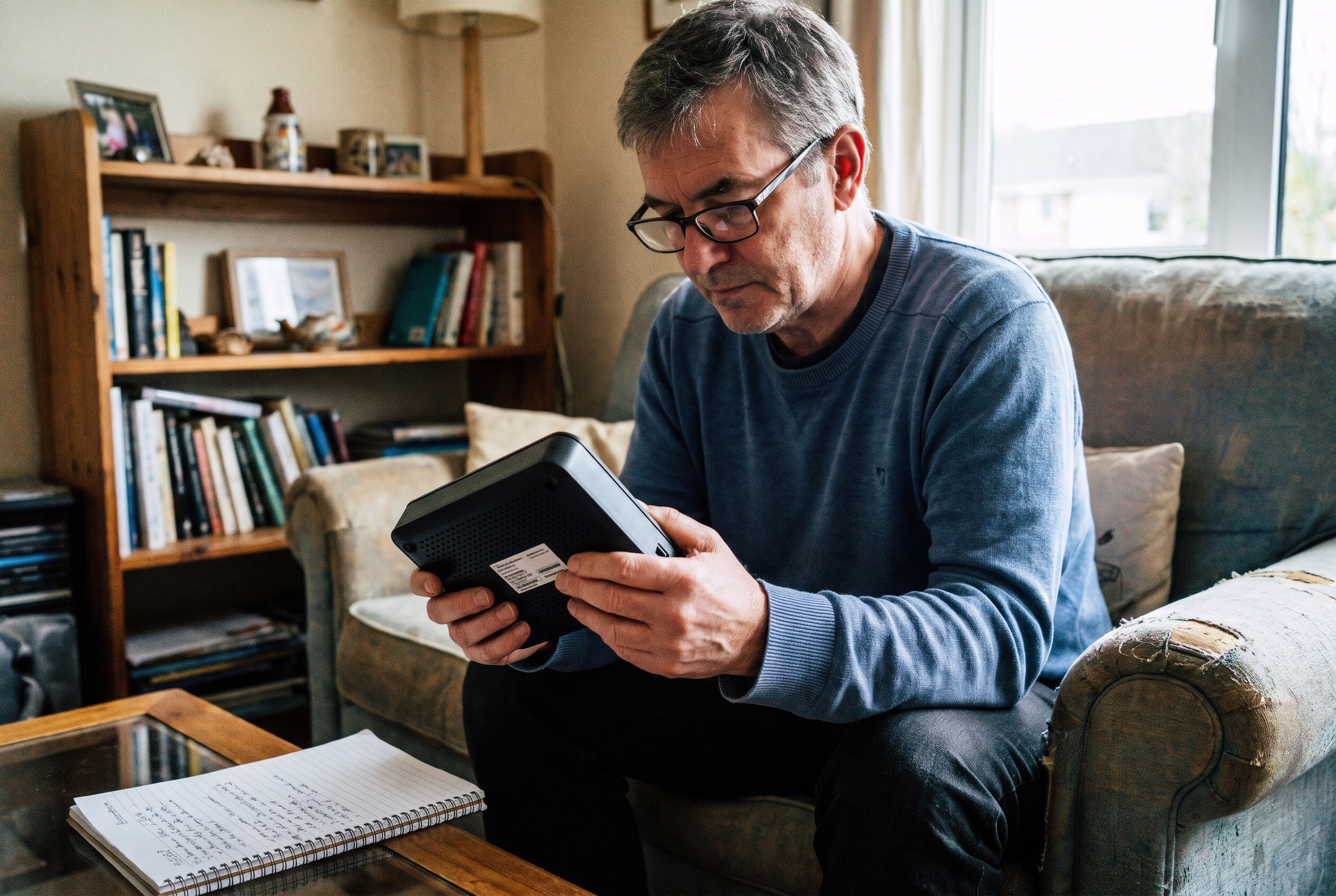 A man reads the model label on his home router.