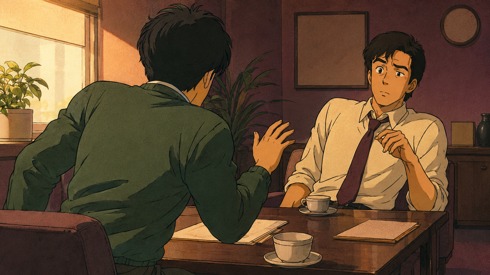 A vintage Showa-era anime scene in a warm afternoon office meeting room: in the foreground, a person seen from behind (face hidden) is half-risen and turned as if excusing themselves mid-word, one hand lifted in a small apologetic gesture; across a low table, a coworker is caught in a subtle startled-puzzled micro-reaction — a slight lean-back, a raised eyebrow, a paused hand — the visible half-second a word landed wrong. Warm window light from the left deepens into dusky plum-wine in the shadowed corners, a gently charged social temperature.