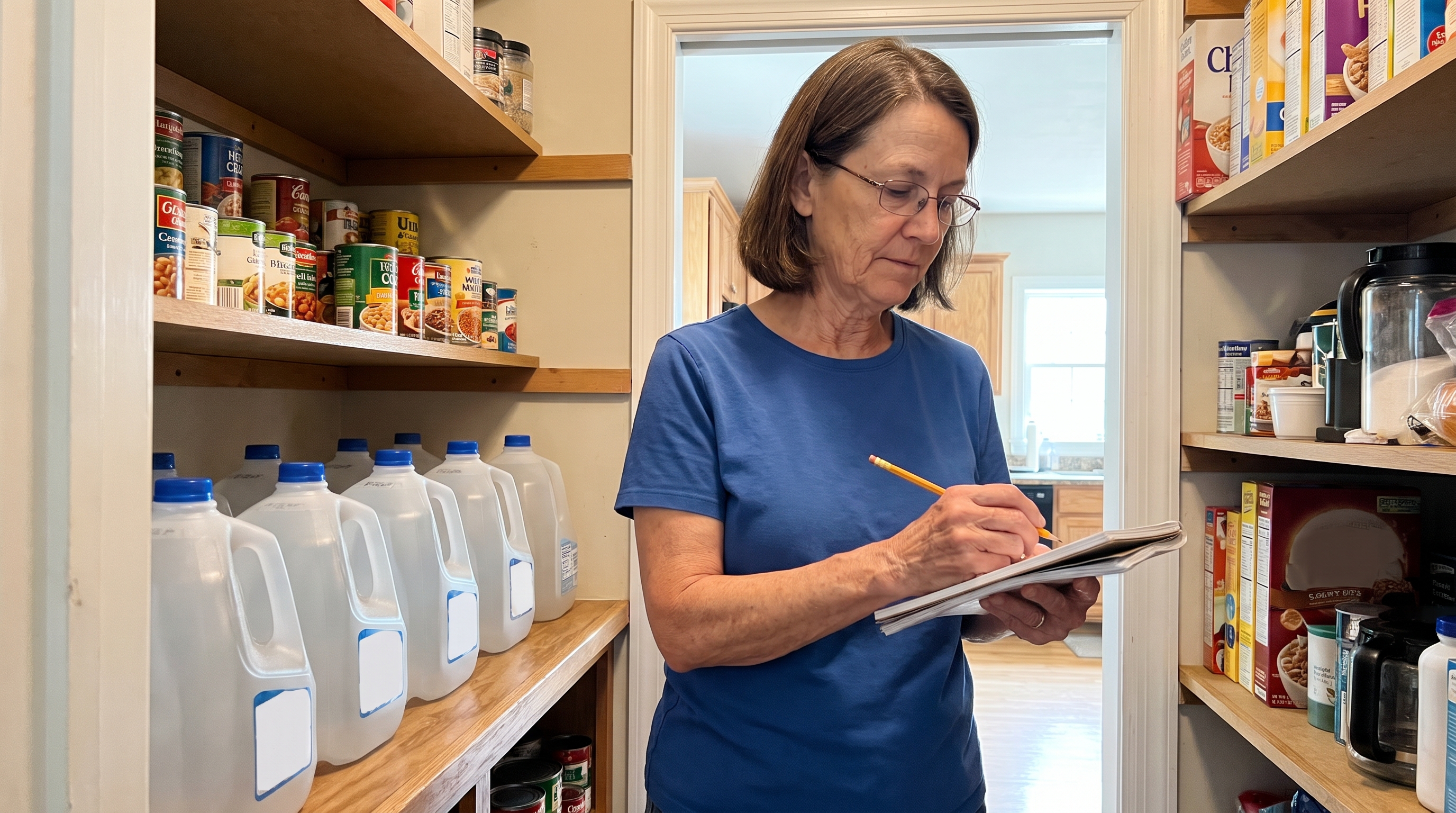 Illustrative home water check: a woman counts sealed drinking-water jugs beside a household checklist.