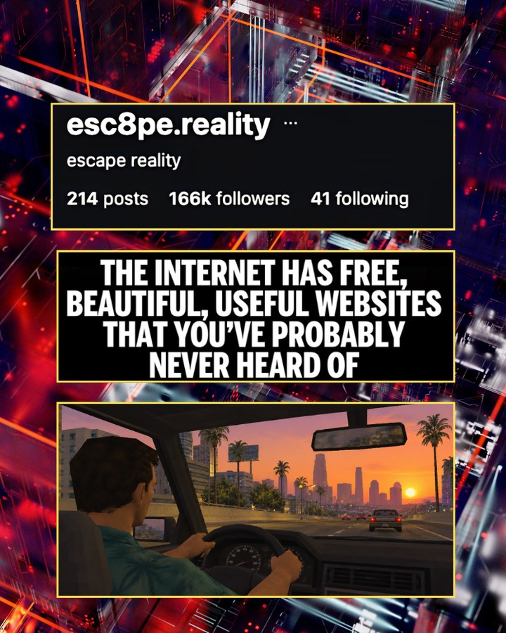 A neon cityscape with the esc8pe.reality profile and a post title set over it