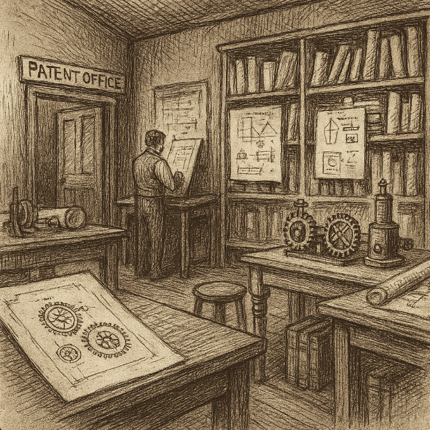 Sepia ink sketch of a 19th-century patent office with drawings and gears on desks, cross-hatching, aged paper style